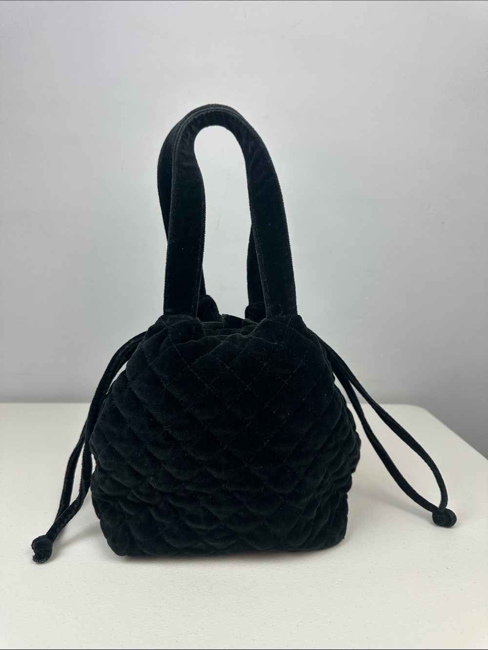 Gap Black Quilted Velvet Drawstring Bucket Bag